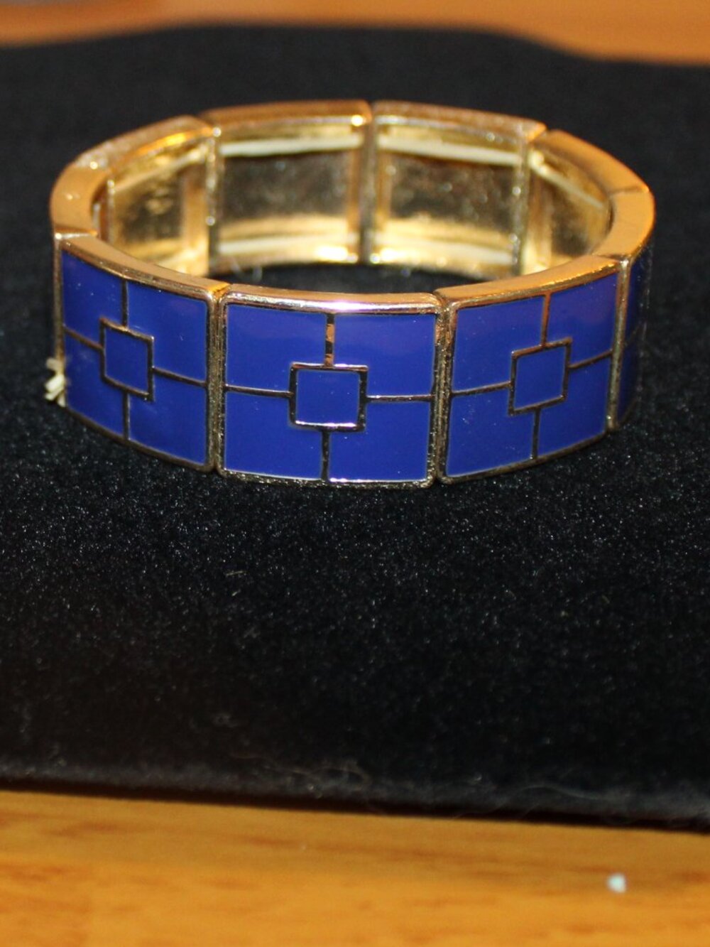 Cookie Lee Royal Blue Gold Enamel Geometric Art Deco Stretch Bracelet Vintage